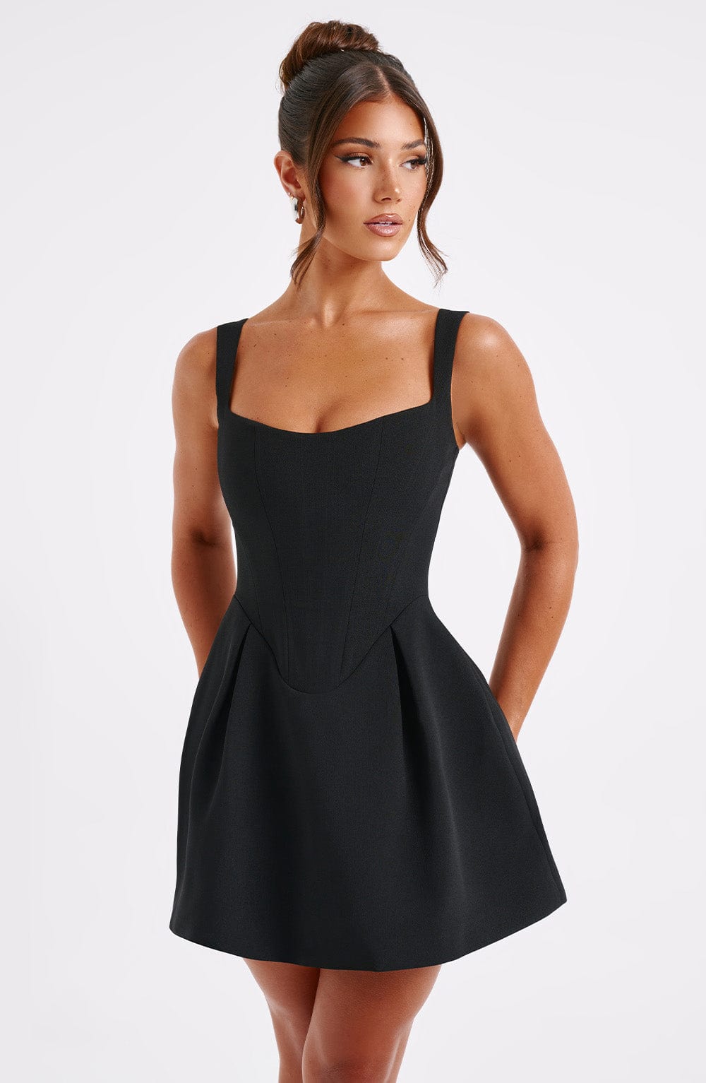 Corset homecoming mini dress with square neckline and pleated flared skirt - view 4