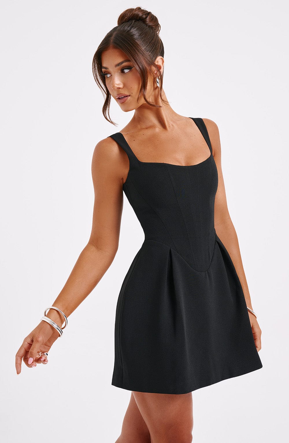 Corset homecoming mini dress with square neckline and pleated flared skirt - view 7