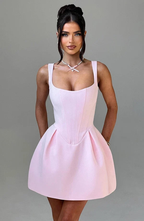 Corset homecoming mini dress with square neckline and pleated flared skirt - view 9