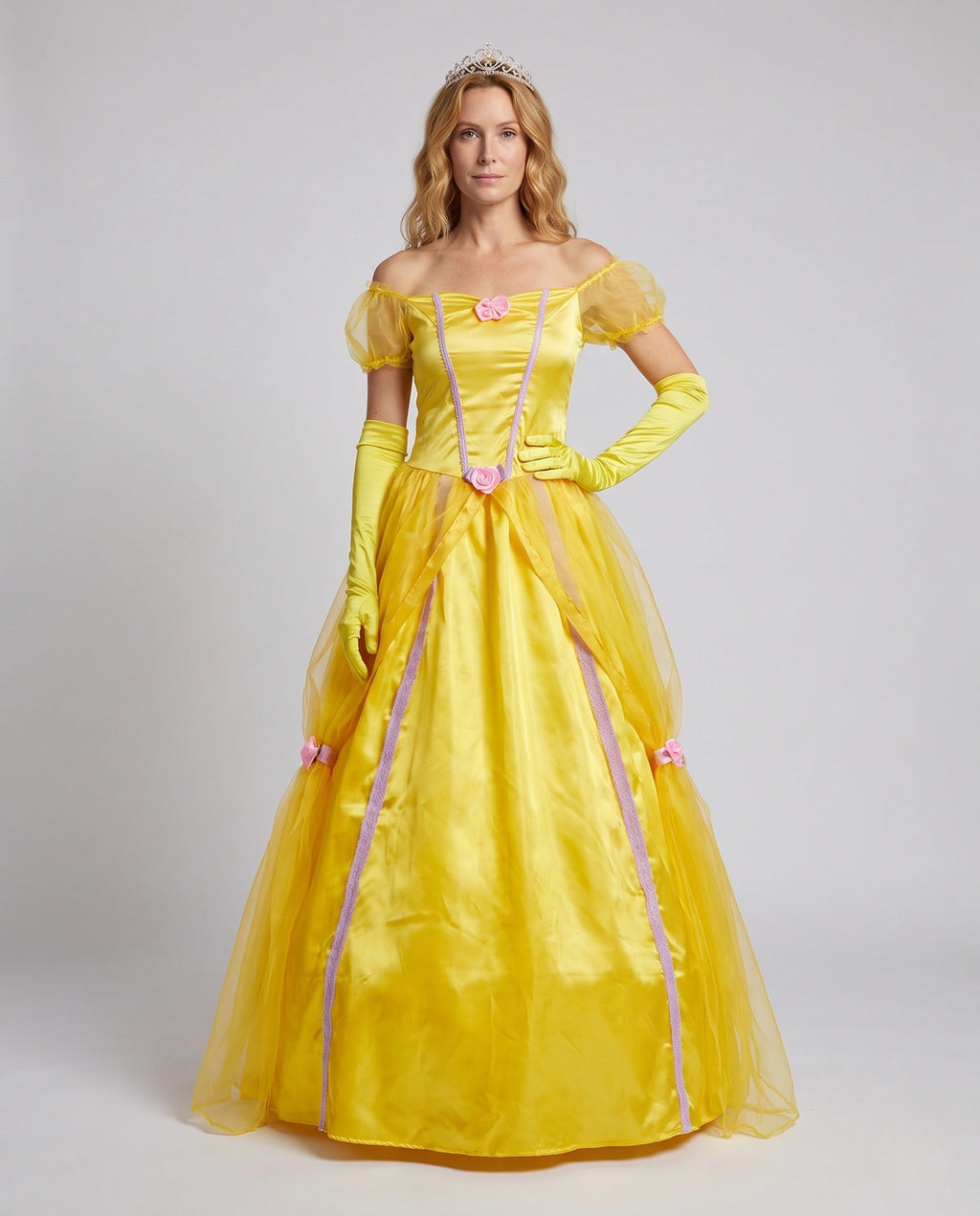Women's yellow satin princess ball gown costume with off-shoulder puff sleeves and tulle overlay