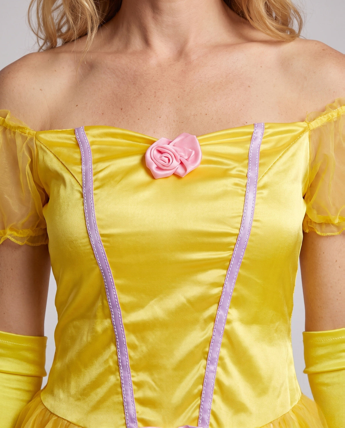 Women's yellow satin princess ball gown costume with off-shoulder puff sleeves and tulle overlay - view 2