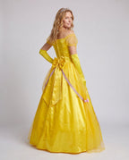 Women's yellow satin princess ball gown costume with off-shoulder puff sleeves and tulle overlay - view 3