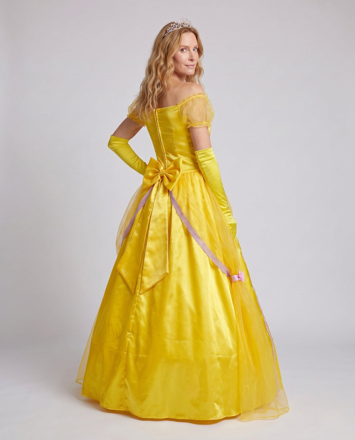 Women's yellow satin princess ball gown costume with off-shoulder puff sleeves and tulle overlay - view 3