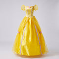 Women's yellow satin princess ball gown costume with off-shoulder puff sleeves and tulle overlay - view 4