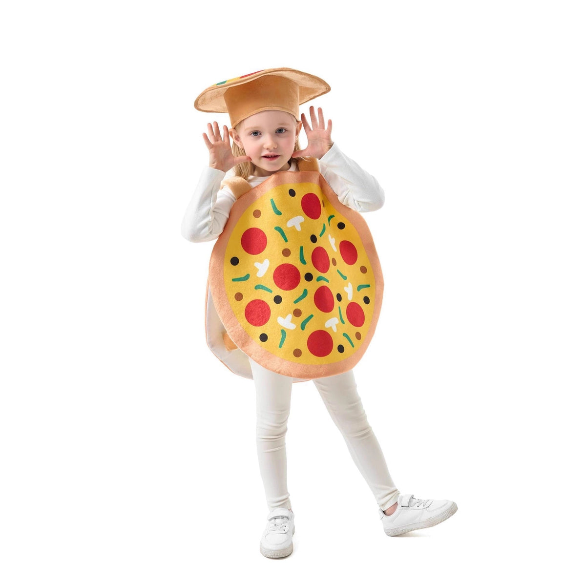 Kids pizza Halloween costume with front and back pizza panels and matching hat - view 3