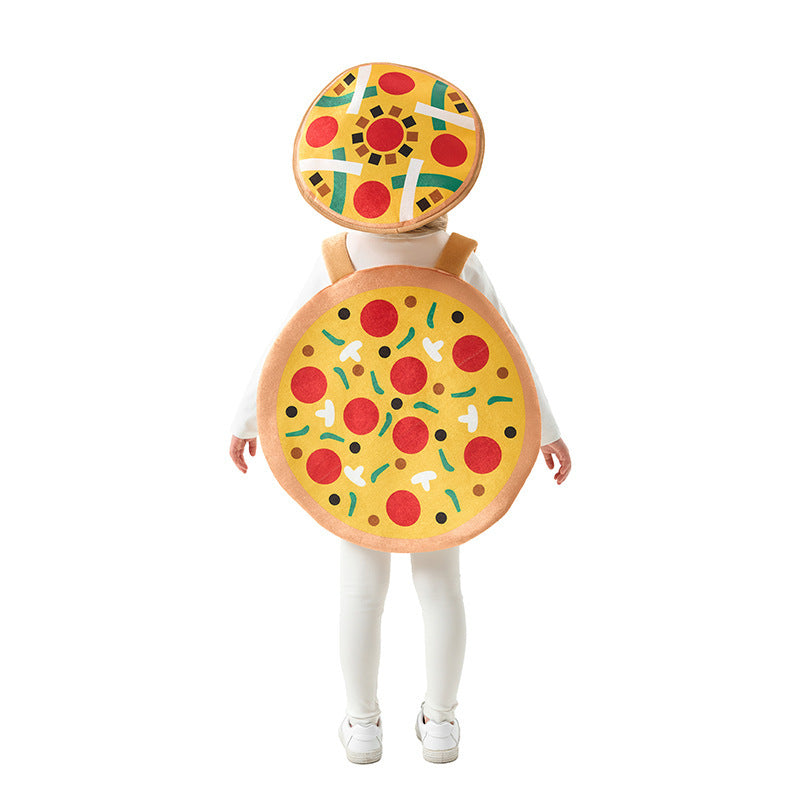 Kids pizza Halloween costume with front and back pizza panels and matching hat - view 4