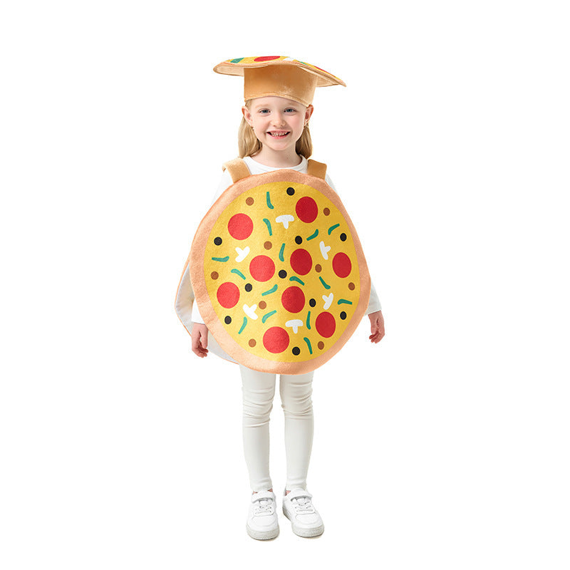Kids pizza Halloween costume with front and back pizza panels and matching hat - view 5