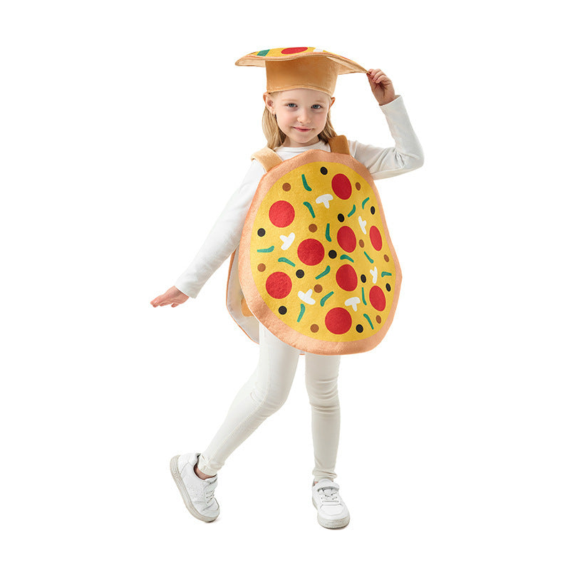 Kids pizza Halloween costume with front and back pizza panels and matching hat - view 6