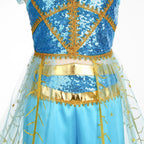 Girls blue sequin princess costume with gold peacock tulle overskirt and harem pants - view 2
