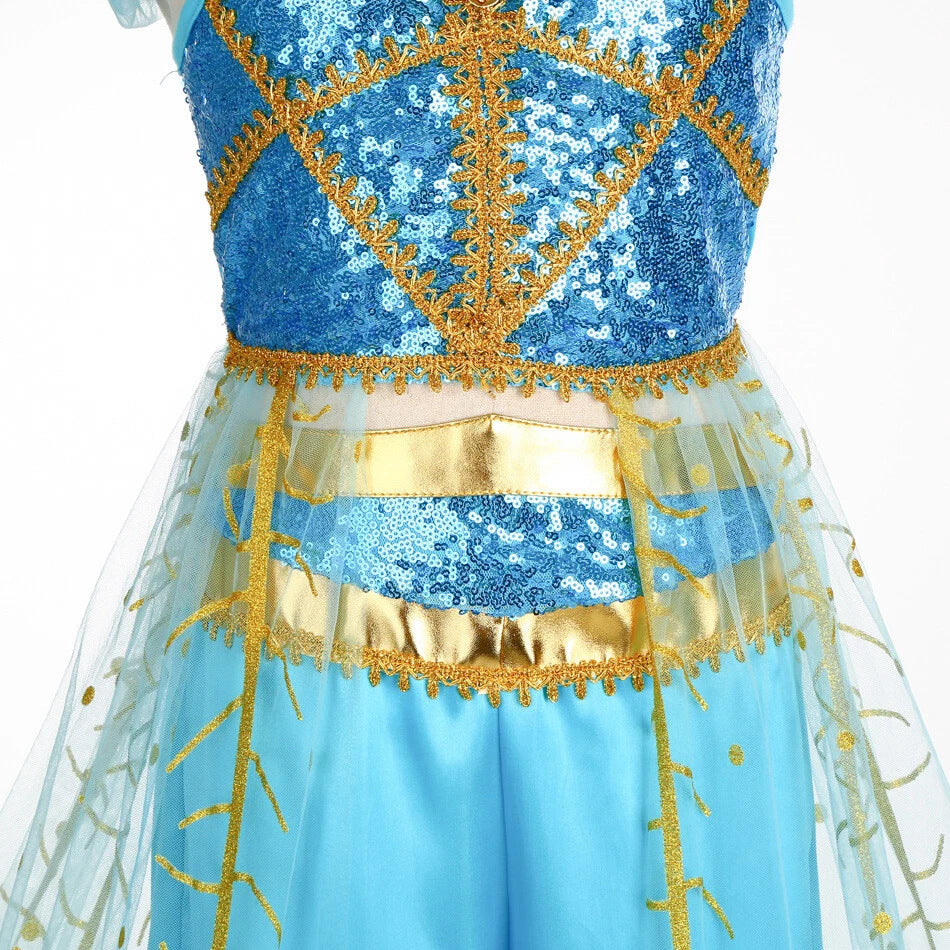 Girls blue sequin princess costume with gold peacock tulle overskirt and harem pants - view 2