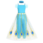 Girls blue sequin princess costume with gold peacock tulle overskirt and harem pants - view 3