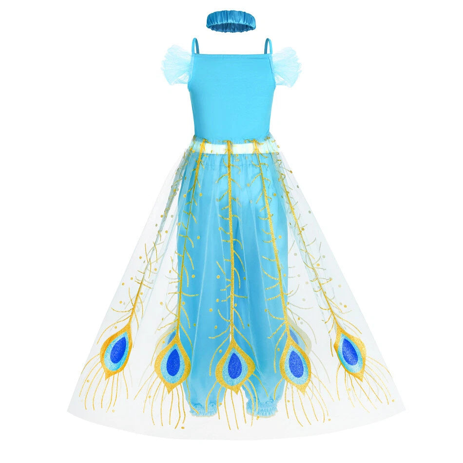 Girls blue sequin princess costume with gold peacock tulle overskirt and harem pants - view 3