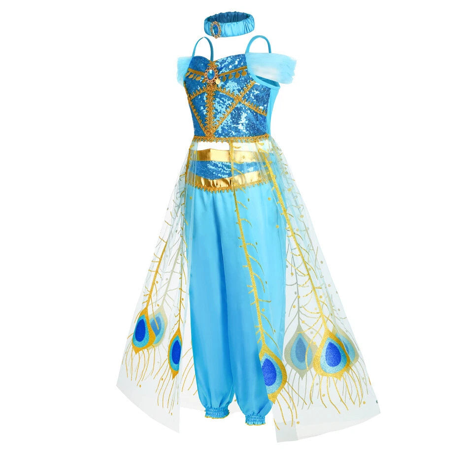 Girls blue sequin princess costume with gold peacock tulle overskirt and harem pants - view 4