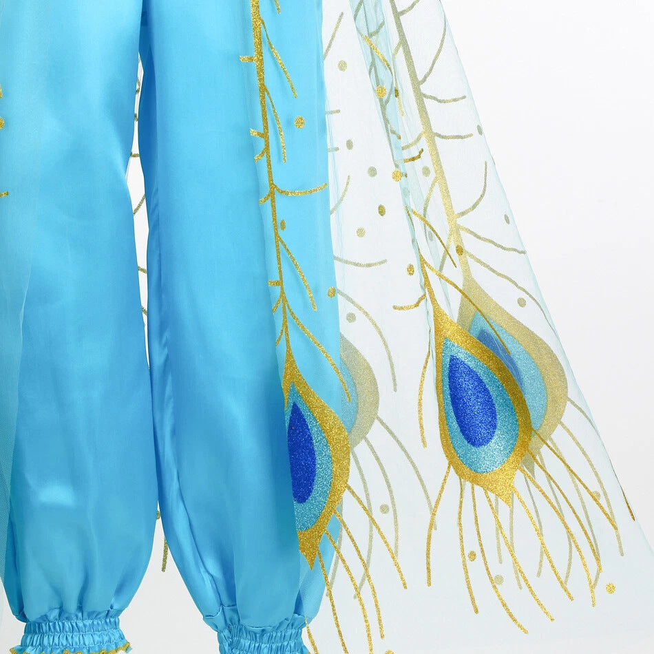 Girls blue sequin princess costume with gold peacock tulle overskirt and harem pants - view 5