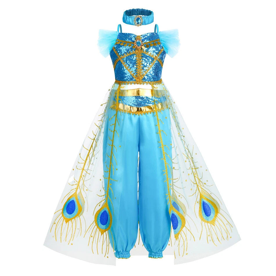 Girls blue sequin princess costume with gold peacock tulle overskirt and harem pants - view 6