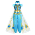 Girls blue sequin princess costume with gold peacock tulle overskirt and harem pants - view 6