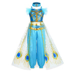 Girls blue sequin princess costume with gold peacock tulle overskirt and harem pants - view 6