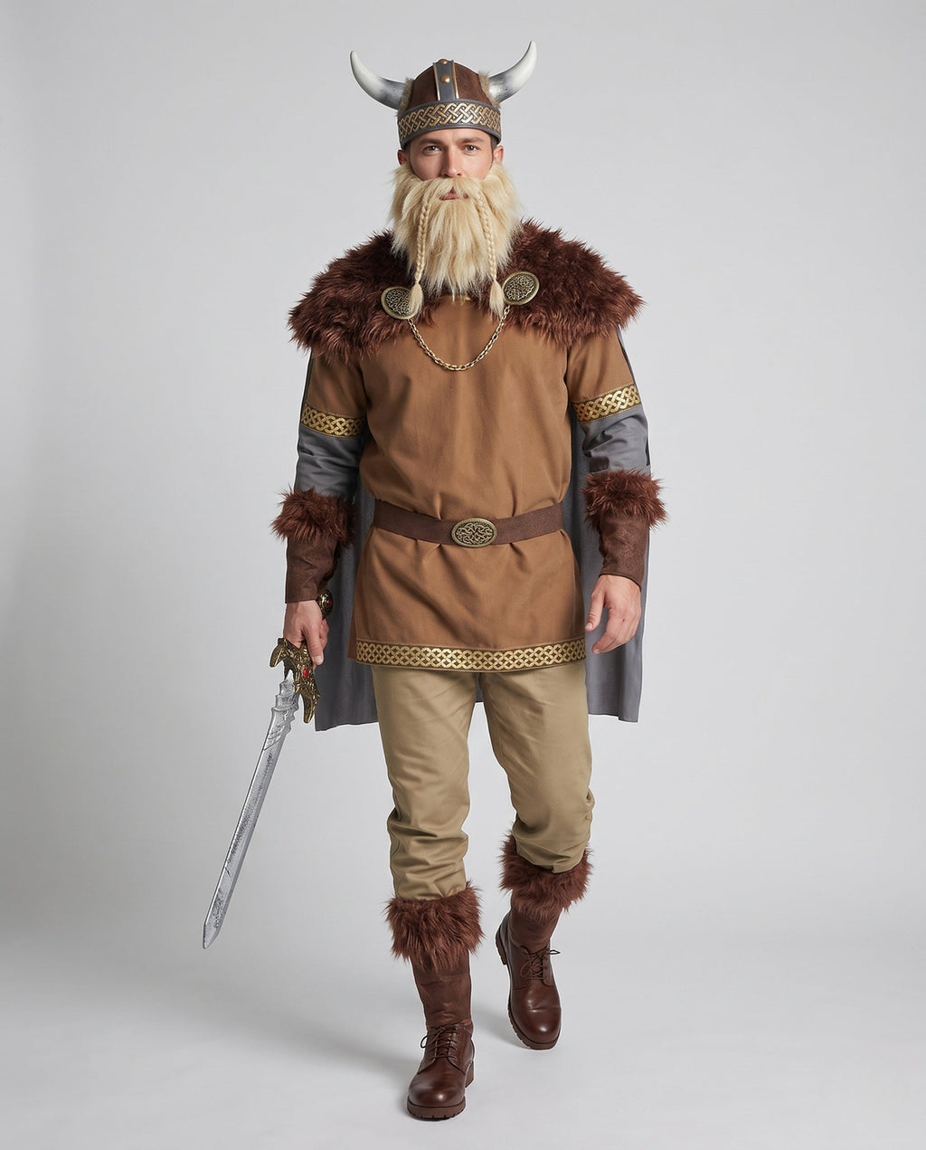 Men's Viking Halloween costume with brown faux fur collar, tunic, gray cape and khaki pants