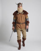 Men's Viking Halloween costume with brown faux fur collar, tunic, gray cape and khaki pants