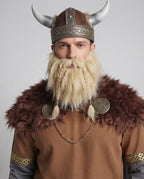 Men's Viking Halloween costume with brown faux fur collar, tunic, gray cape and khaki pants - view 2