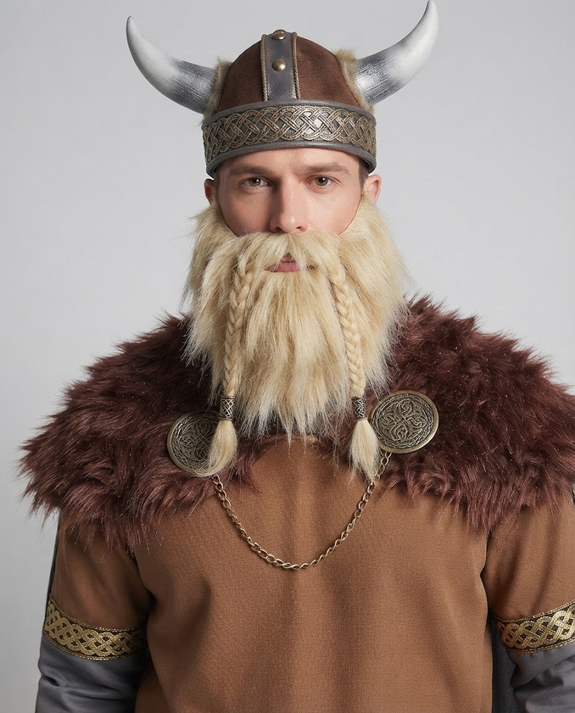 Men's Viking Halloween costume with brown faux fur collar, tunic, gray cape and khaki pants - view 2