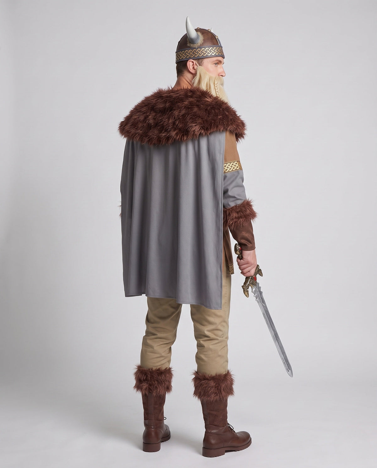 Men's Viking Halloween costume with brown faux fur collar, tunic, gray cape and khaki pants - view 3