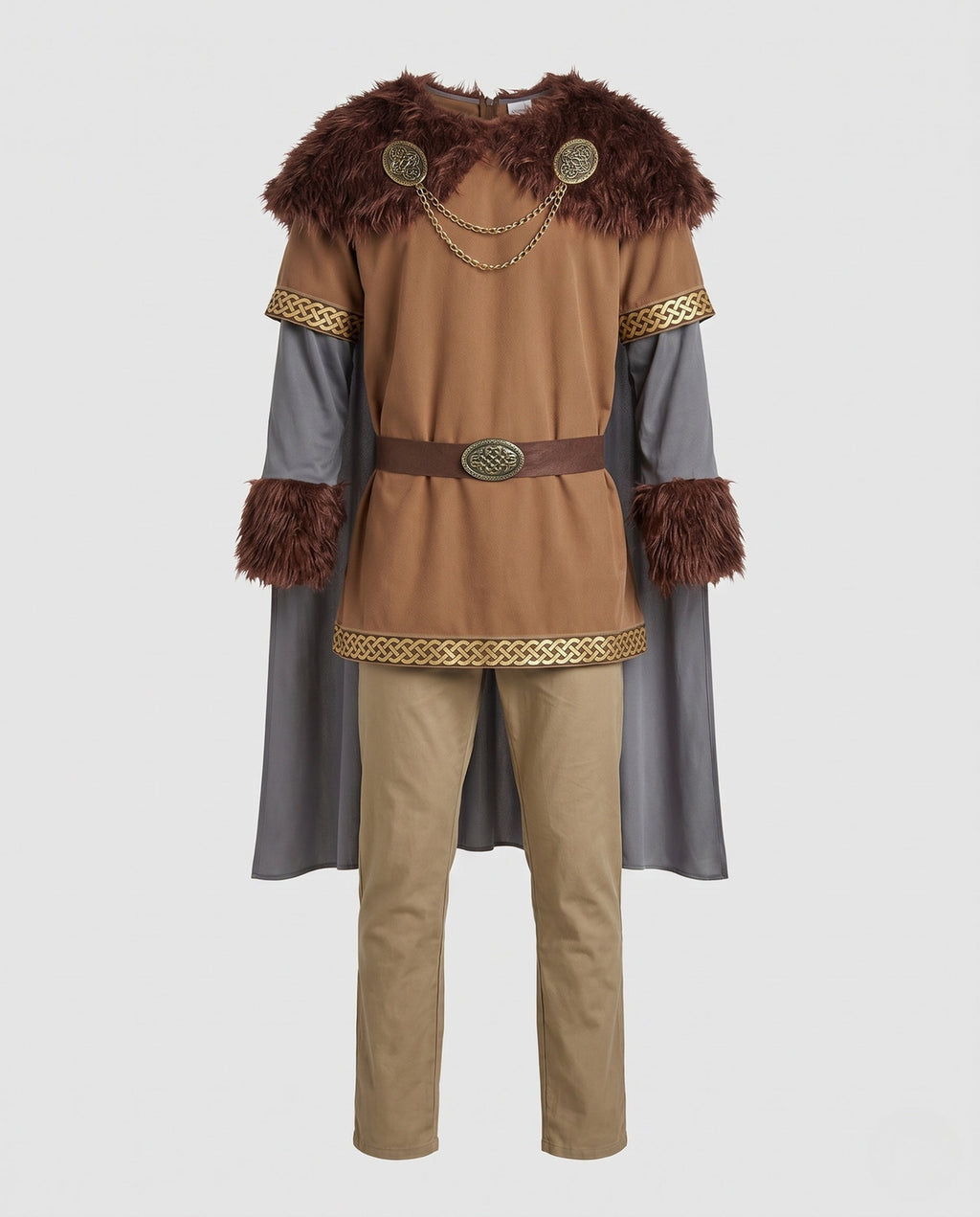 Men's Viking Halloween costume with brown faux fur collar, tunic, gray cape and khaki pants - view 4