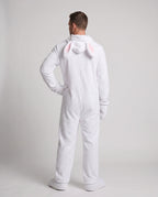 Man wearing a white plush bunny costume jumpsuit with pink belly panel and eared hood - view 3