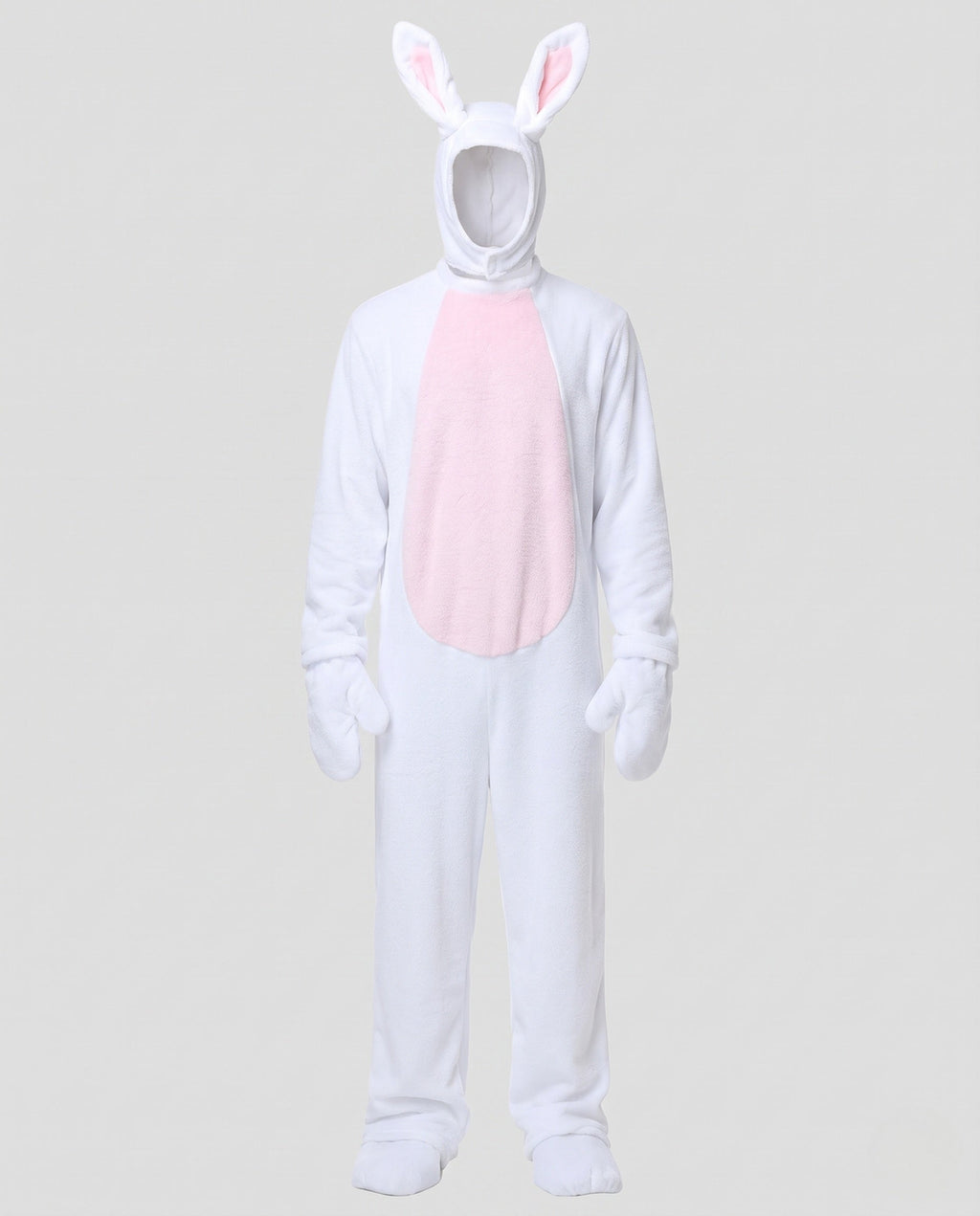 Man wearing a white plush bunny costume jumpsuit with pink belly panel and eared hood - view 4