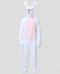 Man wearing a white plush bunny costume jumpsuit with pink belly panel and eared hood - view 4
