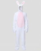 Man wearing a white plush bunny costume jumpsuit with pink belly panel and eared hood - view 4