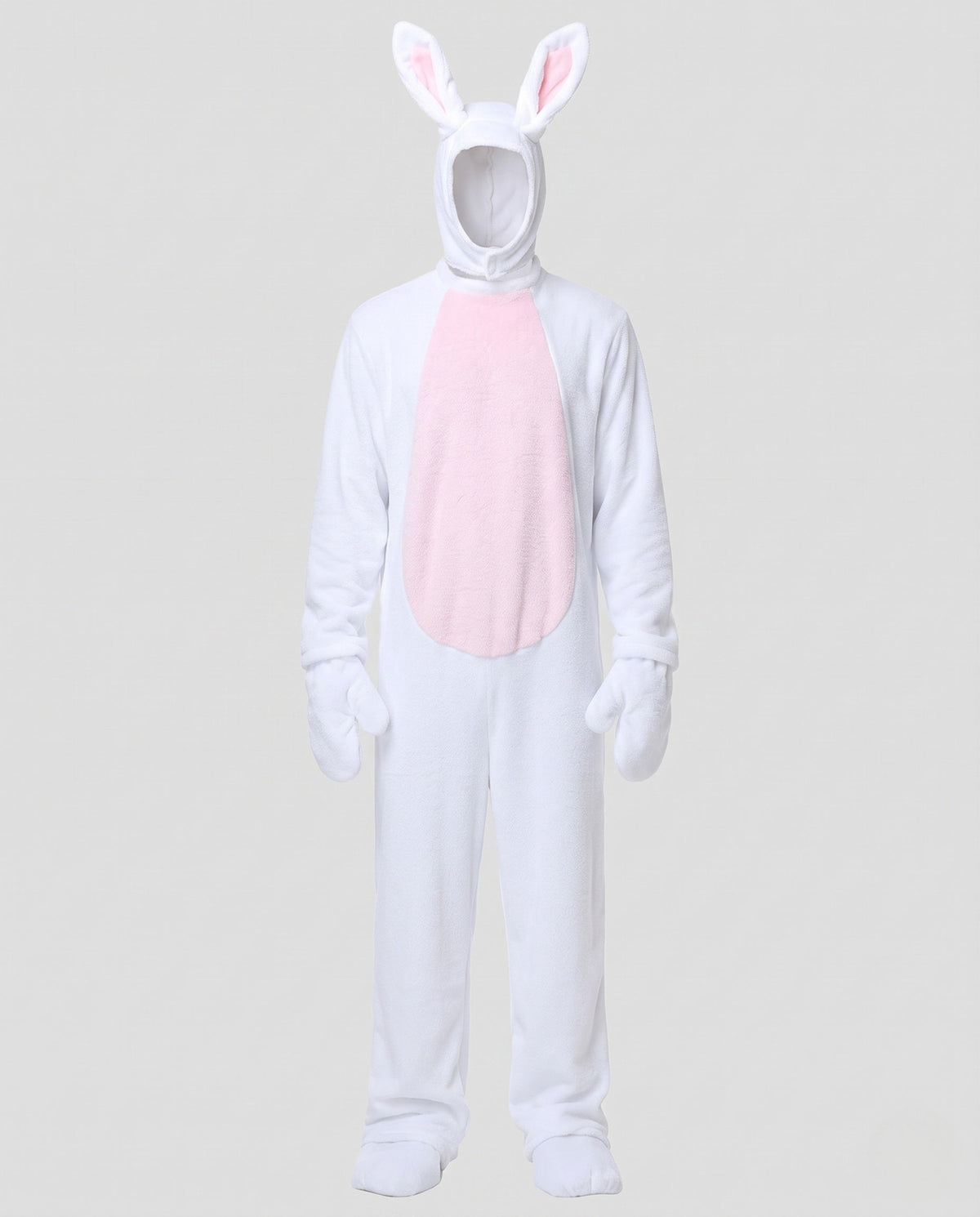 Man wearing a white plush bunny costume jumpsuit with pink belly panel and eared hood - view 4