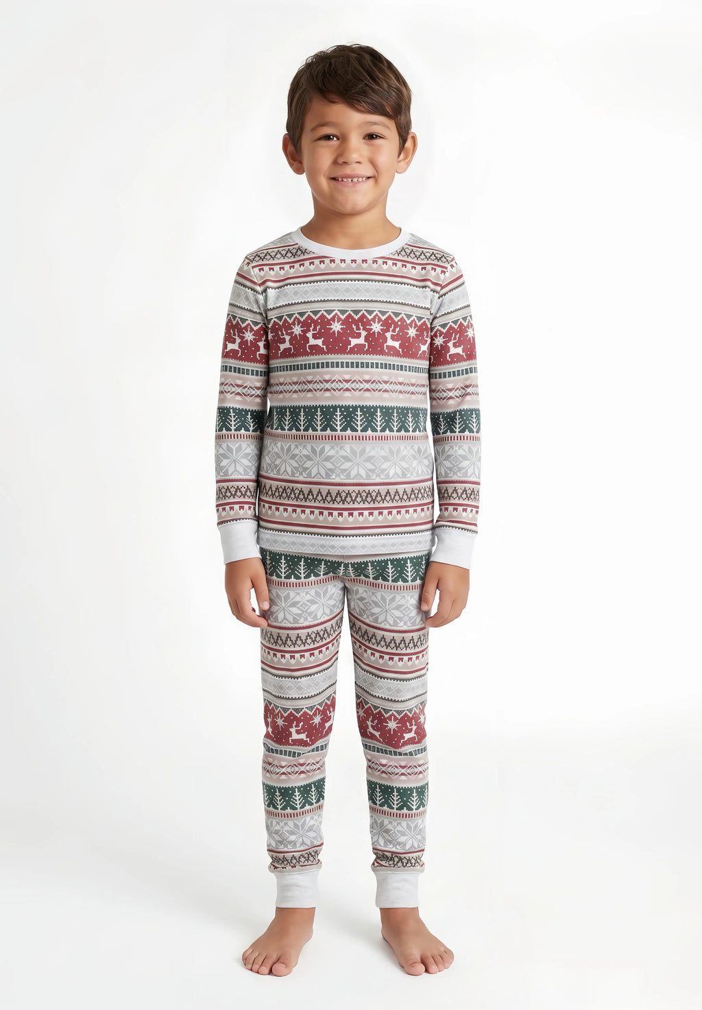 Family wearing matching gray Fair Isle Christmas pajamas with red reindeer and green tree stripes - view 10