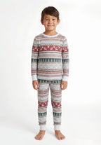 Family wearing matching gray Fair Isle Christmas pajamas with red reindeer and green tree stripes - view 10