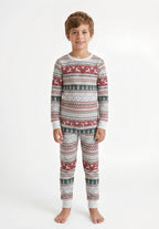 Family wearing matching gray Fair Isle Christmas pajamas with red reindeer and green tree stripes - view 11
