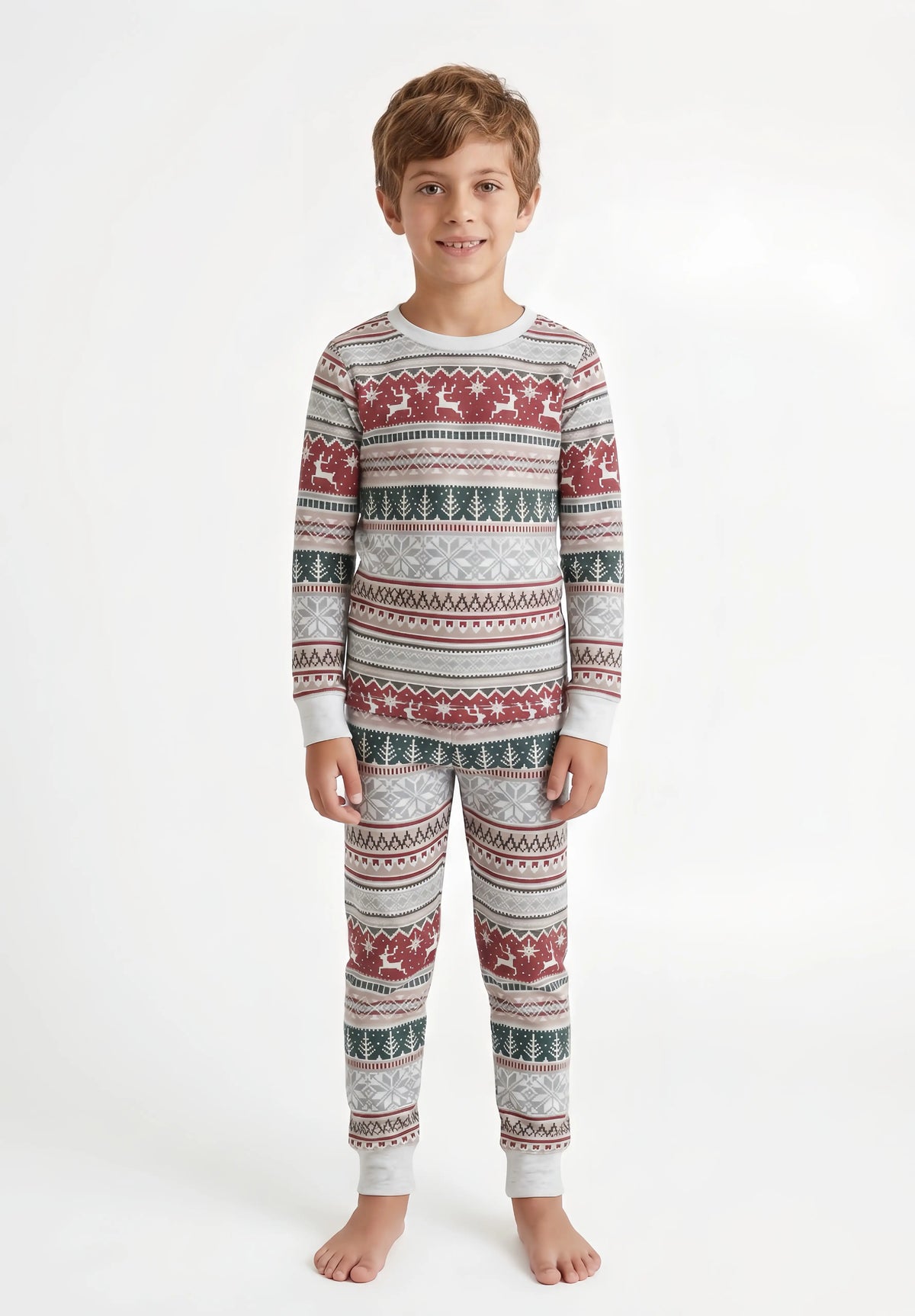 Family wearing matching gray Fair Isle Christmas pajamas with red reindeer and green tree stripes - view 11