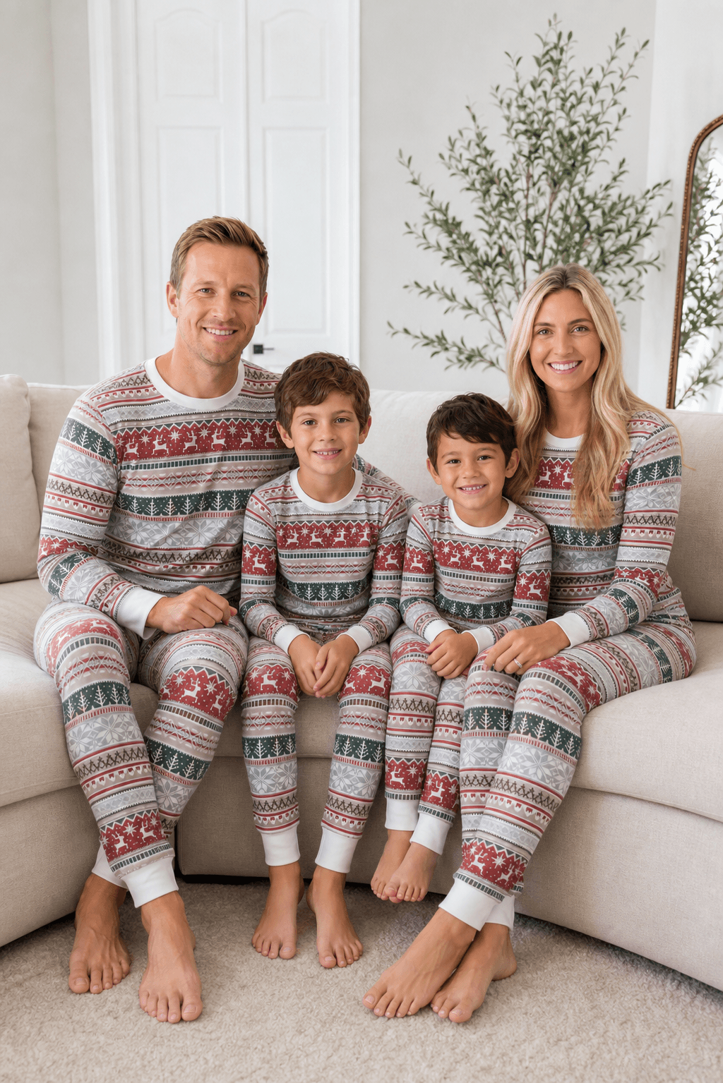 Family wearing matching gray Fair Isle Christmas pajamas with red reindeer and green tree stripes - view 5