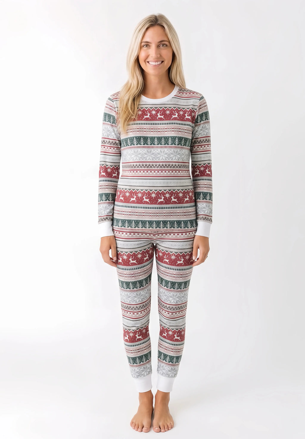 Family wearing matching gray Fair Isle Christmas pajamas with red reindeer and green tree stripes - view 8