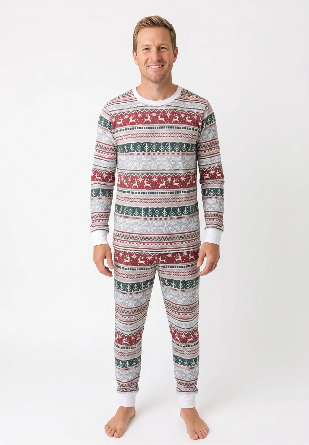 Family wearing matching gray Fair Isle Christmas pajamas with red reindeer and green tree stripes - view 9