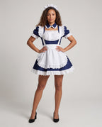 Women's navy maid Halloween costume with white ruffled eyelet apron and puff sleeves