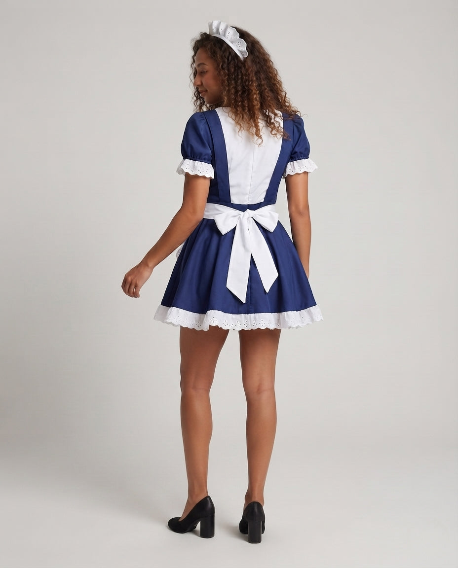 Women's navy maid Halloween costume with white ruffled eyelet apron and puff sleeves - view 3