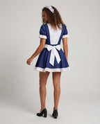 Women's navy maid Halloween costume with white ruffled eyelet apron and puff sleeves - view 3