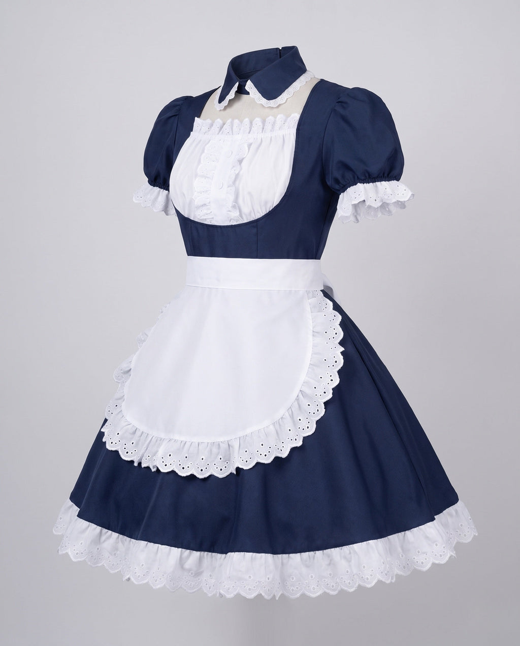 Women's navy maid Halloween costume with white ruffled eyelet apron and puff sleeves - view 4