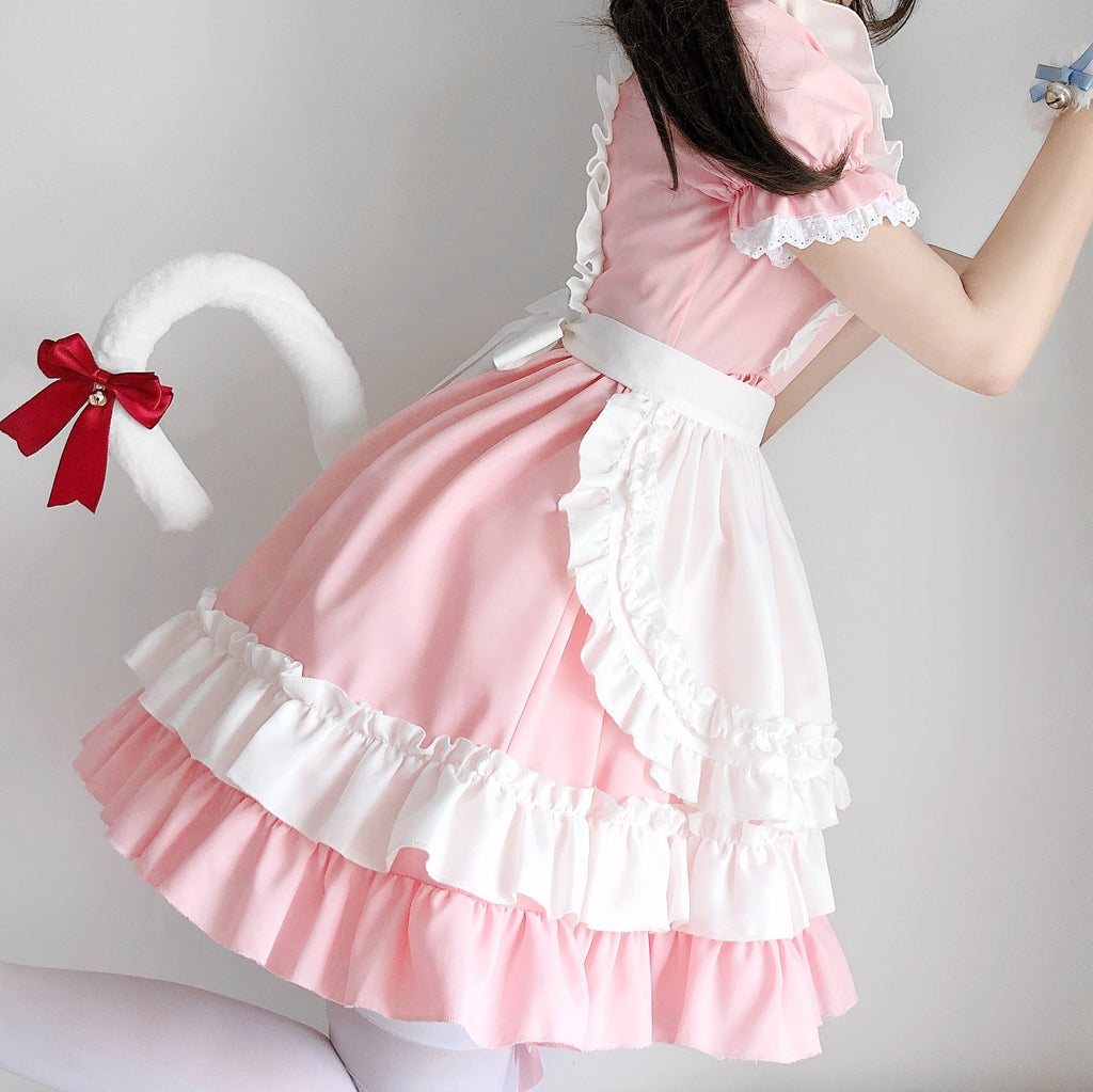Women's pink and white ruffled maid-style Halloween costume dress with apron overlay and puff sleeves - view 2