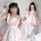 Women's pink and white ruffled maid-style Halloween costume dress with apron overlay and puff sleeves - view 3