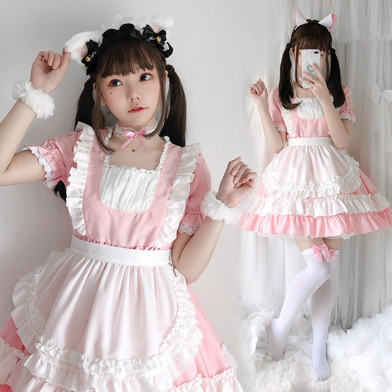 Women's pink and white ruffled maid-style Halloween costume dress with apron overlay and puff sleeves - view 3