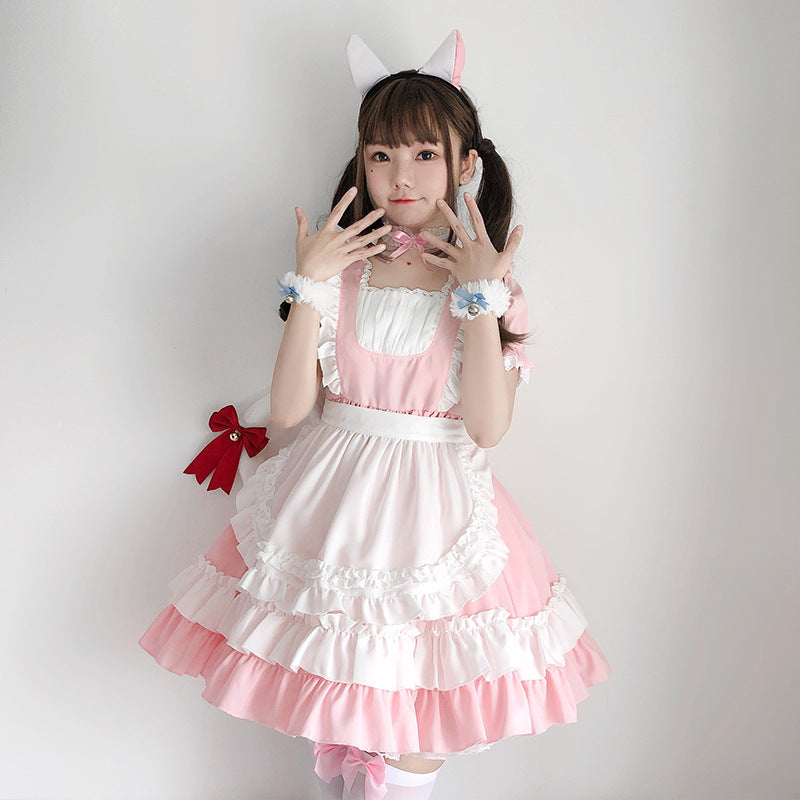 Women's pink and white ruffled maid-style Halloween costume dress with apron overlay and puff sleeves - view 4