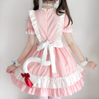 Women's pink and white ruffled maid-style Halloween costume dress with apron overlay and puff sleeves - view 5
