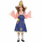 Girls scarecrow Halloween costume with denim-look pinafore dress, pink check sleeves and burlap-look sunflower hat
