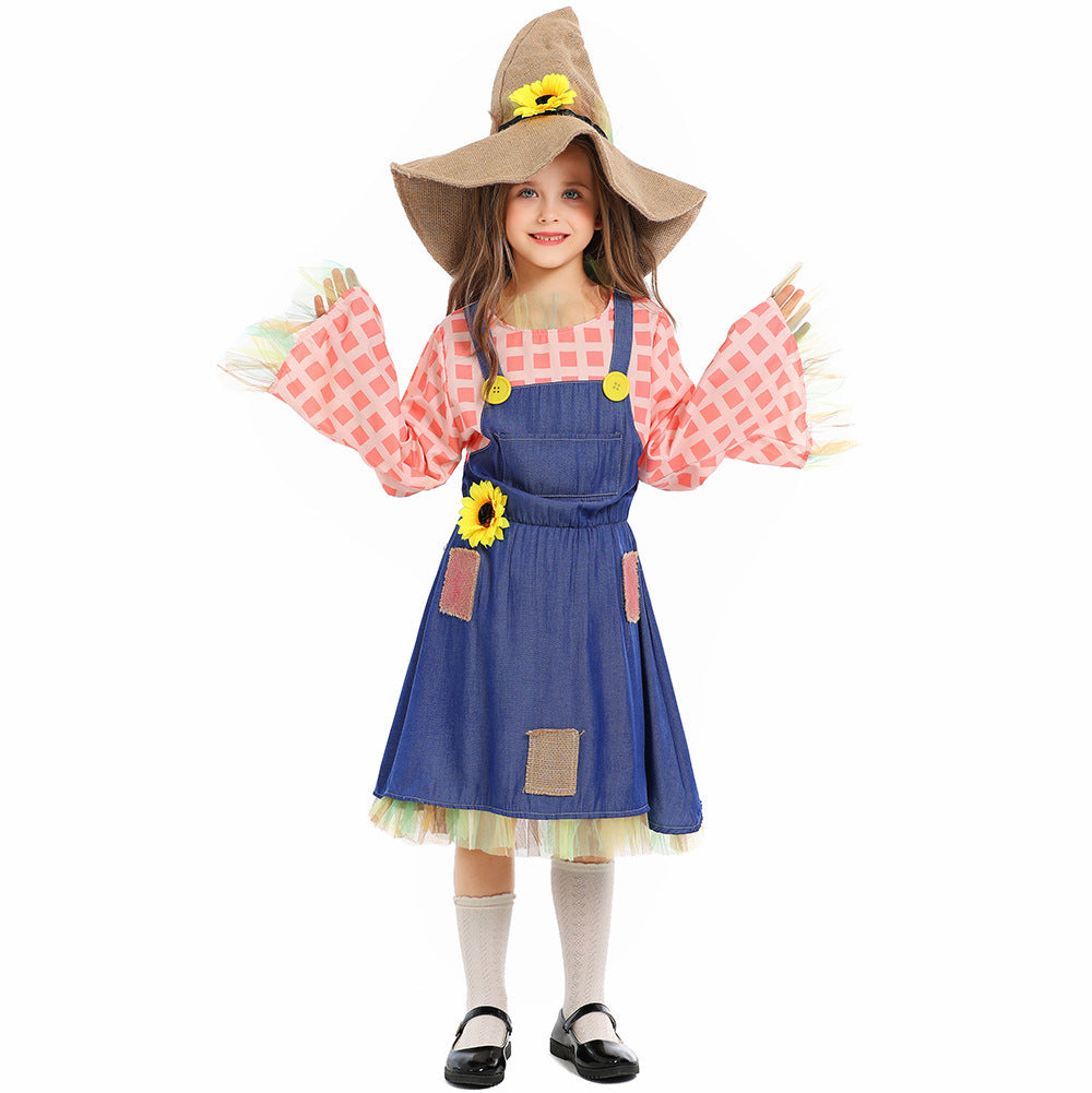 Girls scarecrow Halloween costume with denim-look pinafore dress, pink check sleeves and burlap-look sunflower hat